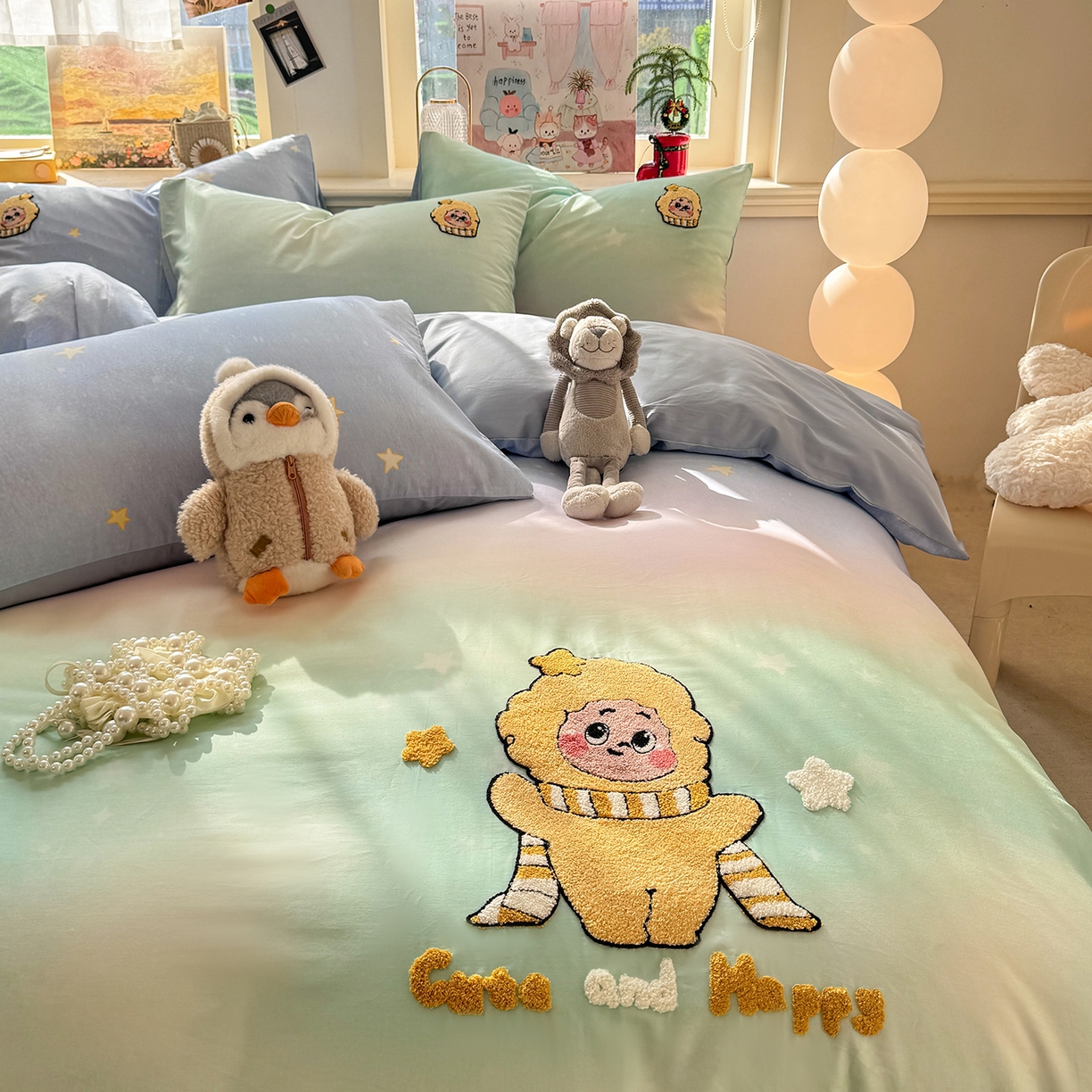 91家纺网 家纺一手货源 找家纺 卧趣家纺 2026新款A类100Pro贡缎全棉纯棉卡通毛巾绣四件套 小星星