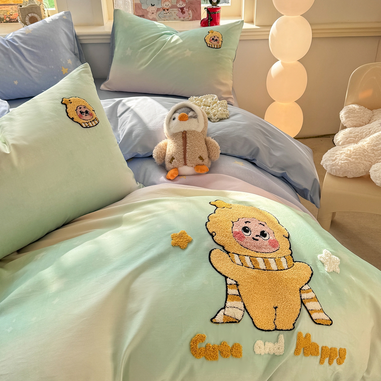 91家纺网 家纺一手货源 找家纺 卧趣家纺 2026新款A类100Pro贡缎全棉纯棉卡通毛巾绣四件套 小星星