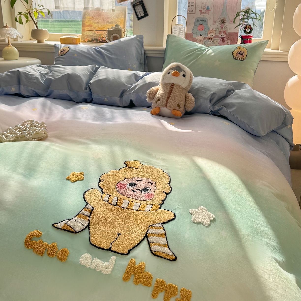 91家纺网 家纺一手货源 找家纺 卧趣家纺 2026新款A类100Pro贡缎全棉纯棉卡通毛巾绣四件套 小星星