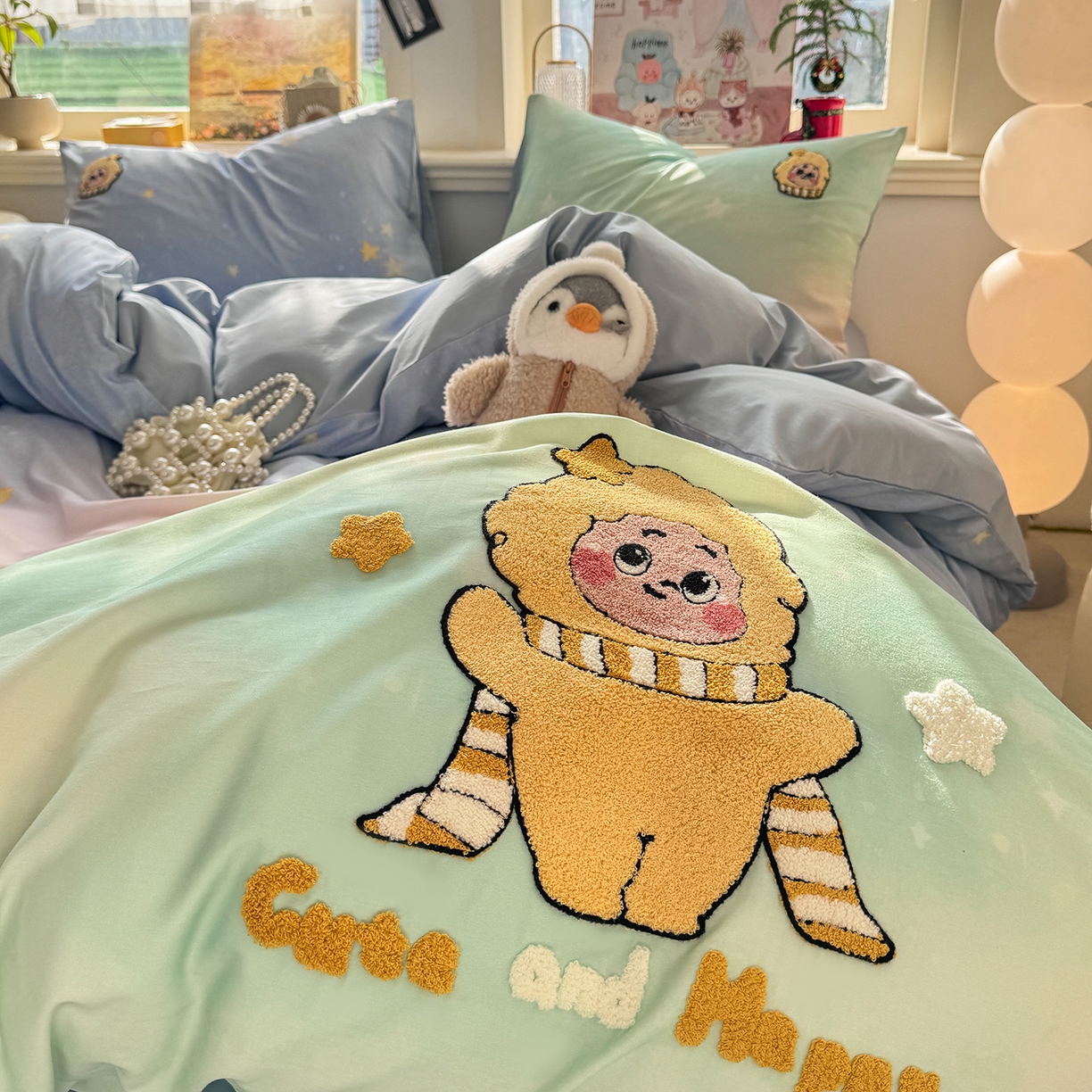 91家纺网 家纺一手货源 找家纺 卧趣家纺 2026新款A类100Pro贡缎全棉纯棉卡通毛巾绣四件套 小星星