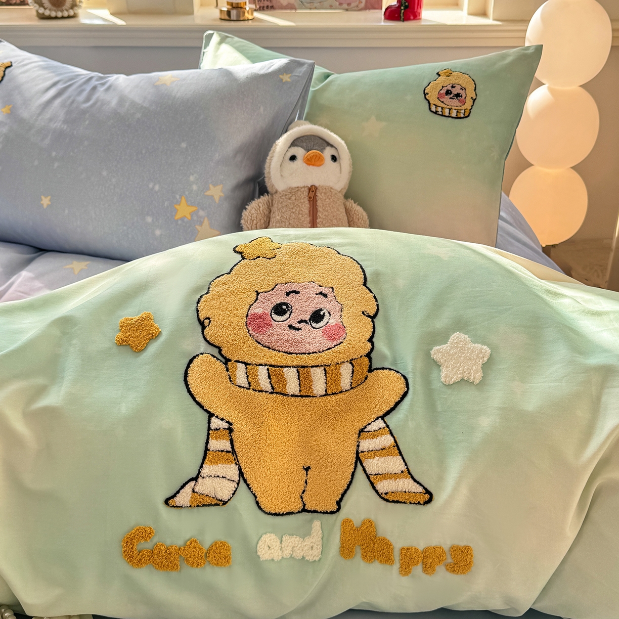 91家纺网 家纺一手货源 找家纺 卧趣家纺 2026新款A类100Pro贡缎全棉纯棉卡通毛巾绣四件套 小星星