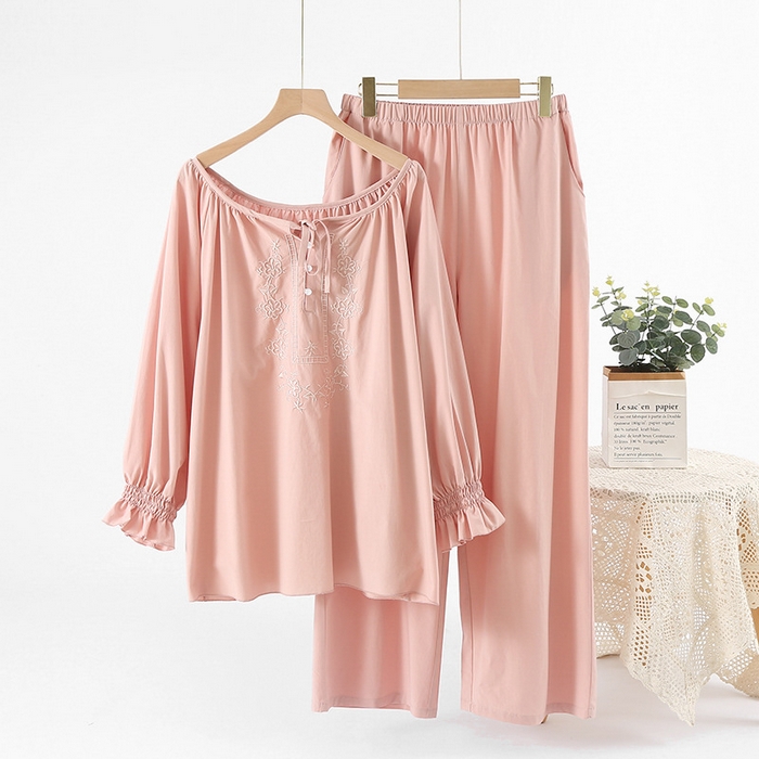 91家纺网 家纺一手货源 找家纺 （总）洛兰沙家居馆 小香风天丝棉睡衣女春秋薄款国风刺绣长袖宽松大码家居服可外穿