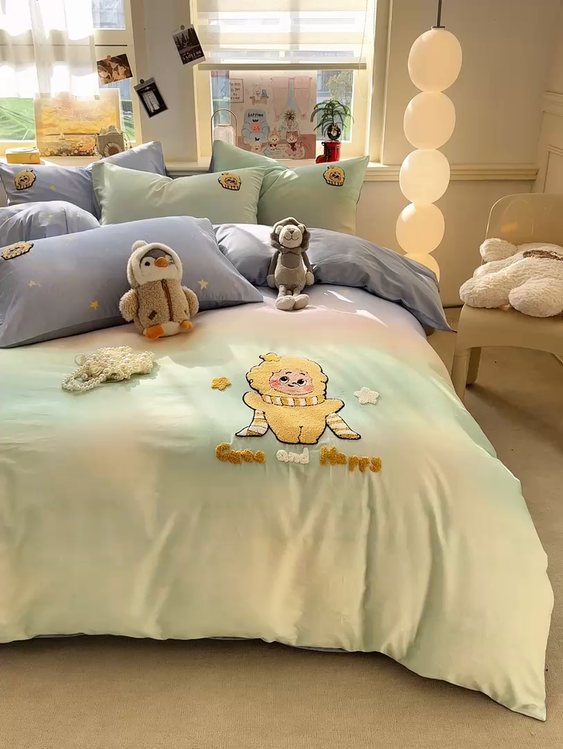 91家纺网 家纺一手货源 找家纺 卧趣家纺 2026新款A类100Pro贡缎全棉纯棉卡通毛巾绣四件套 小星星