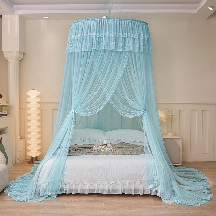 91家纺网 家纺一手货源 找家纺 梦尔佳蚊帐 2026新款蕾丝刺绣花好月圆圆顶蚊帐 水蓝