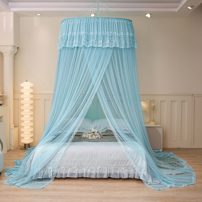 91家纺网 家纺一手货源 找家纺 梦尔佳蚊帐 2026新款蕾丝刺绣花好月圆圆顶蚊帐 水蓝