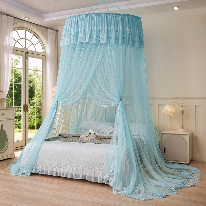 91家纺网 家纺一手货源 找家纺 梦尔佳蚊帐 2026新款蕾丝刺绣花好月圆圆顶蚊帐 水蓝