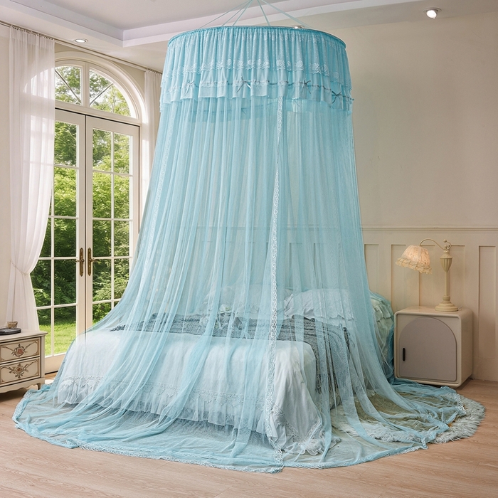 91家纺网 家纺一手货源 找家纺 梦尔佳蚊帐 2026新款蕾丝刺绣花好月圆圆顶蚊帐 水蓝