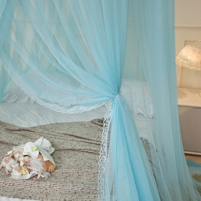 91家纺网 家纺一手货源 找家纺 梦尔佳蚊帐 2026新款蕾丝刺绣花好月圆圆顶蚊帐 水蓝