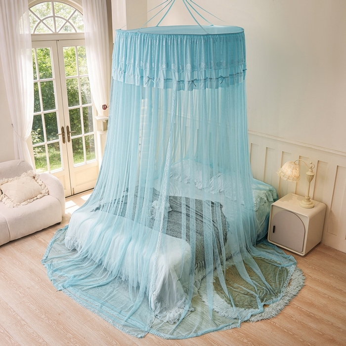 91家纺网 家纺一手货源 找家纺 梦尔佳蚊帐 2026新款蕾丝刺绣花好月圆圆顶蚊帐 水蓝