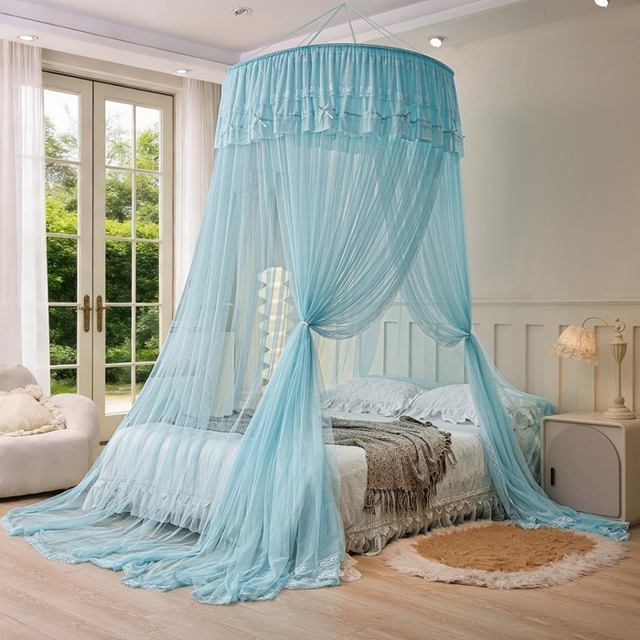 91家纺网 家纺一手货源 找家纺 梦尔佳蚊帐 2026新款蕾丝刺绣花好月圆圆顶蚊帐 水蓝