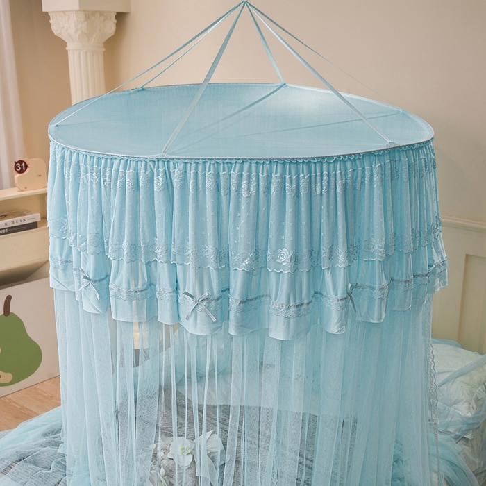 91家纺网 家纺一手货源 找家纺 梦尔佳蚊帐 2026新款蕾丝刺绣花好月圆圆顶蚊帐 水蓝