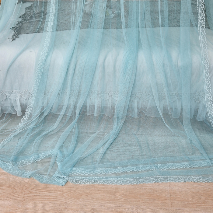 91家纺网 家纺一手货源 找家纺 梦尔佳蚊帐 2026新款蕾丝刺绣花好月圆圆顶蚊帐 水蓝