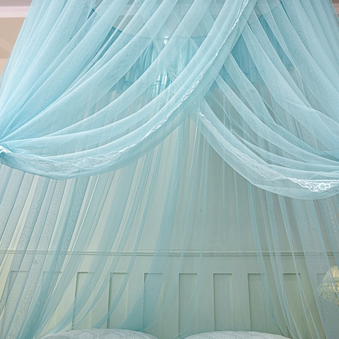 91家纺网 家纺一手货源 找家纺 梦尔佳蚊帐 2026新款蕾丝刺绣花好月圆圆顶蚊帐 水蓝