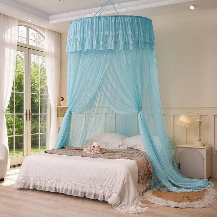 梦尔佳蚊帐 2026新款蕾丝刺绣花好月圆圆顶蚊帐 水蓝