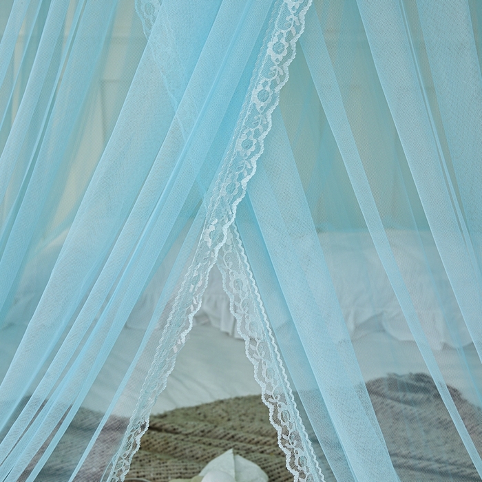 91家纺网 家纺一手货源 找家纺 梦尔佳蚊帐 2026新款蕾丝刺绣花好月圆圆顶蚊帐 水蓝