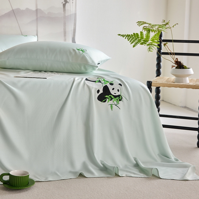 91家纺网 家纺一手货源 找家纺 春皖家纺 2026新款A类竹纤维绣花床单凉席系列-风格2 淡雅绿