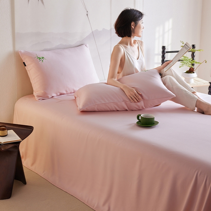 91家纺网 家纺一手货源 找家纺 春皖家纺 2026新款A类竹纤维绣花床单凉席系列-风格2 浅藕粉