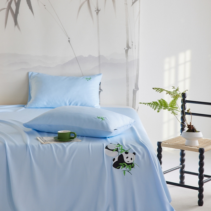 91家纺网 家纺一手货源 找家纺 春皖家纺 2026新款A类竹纤维绣花床单凉席系列-风格2 流星蓝