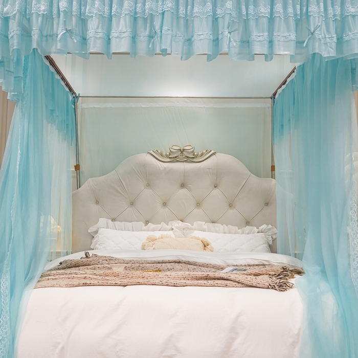 91家纺网 家纺一手货源 找家纺 梦尔佳蚊帐 2026新款浪漫双层花边蝴蝶结导轨蚊帐-花香其乐 花香其乐-水蓝