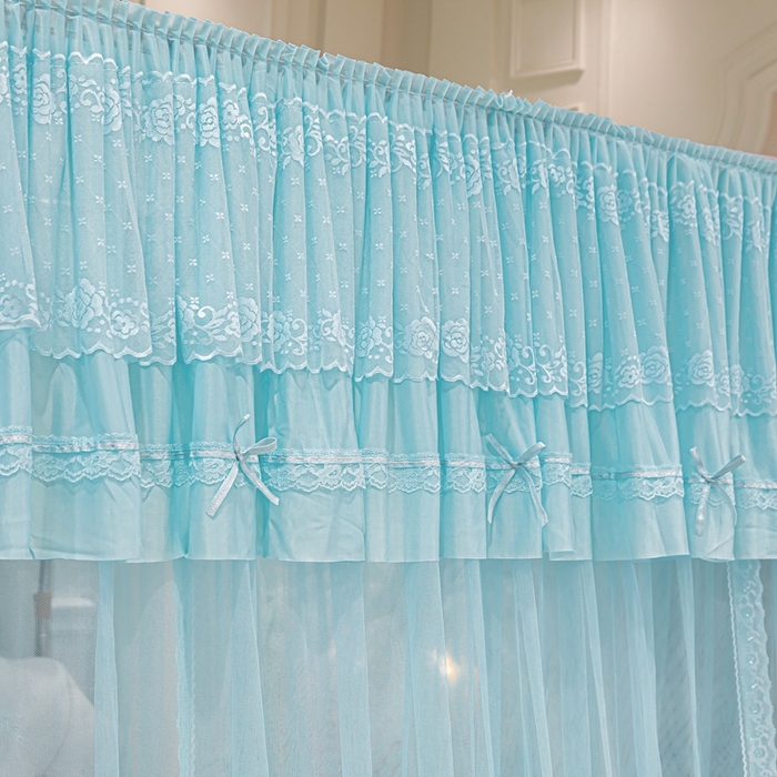 91家纺网 家纺一手货源 找家纺 梦尔佳蚊帐 2026新款浪漫双层花边蝴蝶结导轨蚊帐-花香其乐 花香其乐-水蓝