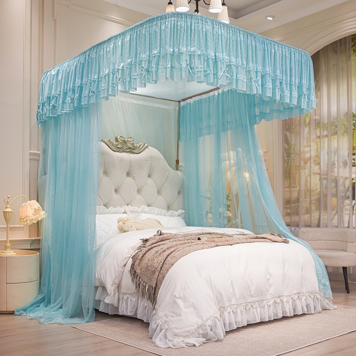 91家纺网 家纺一手货源 找家纺 梦尔佳蚊帐 2026新款浪漫双层花边蝴蝶结导轨蚊帐-花香其乐 花香其乐-水蓝