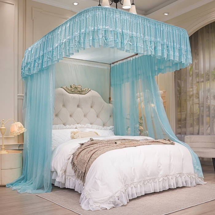 91家纺网 家纺一手货源 找家纺 梦尔佳蚊帐 2026新款浪漫双层花边蝴蝶结导轨蚊帐-花香其乐 花香其乐-水蓝