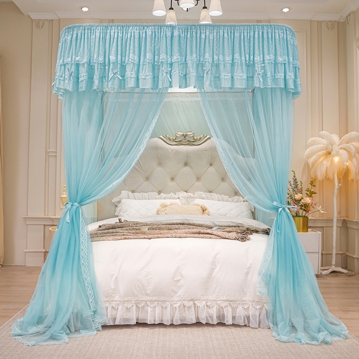 91家纺网 家纺一手货源 找家纺 梦尔佳蚊帐 2026新款浪漫双层花边蝴蝶结导轨蚊帐-花香其乐 花香其乐-水蓝