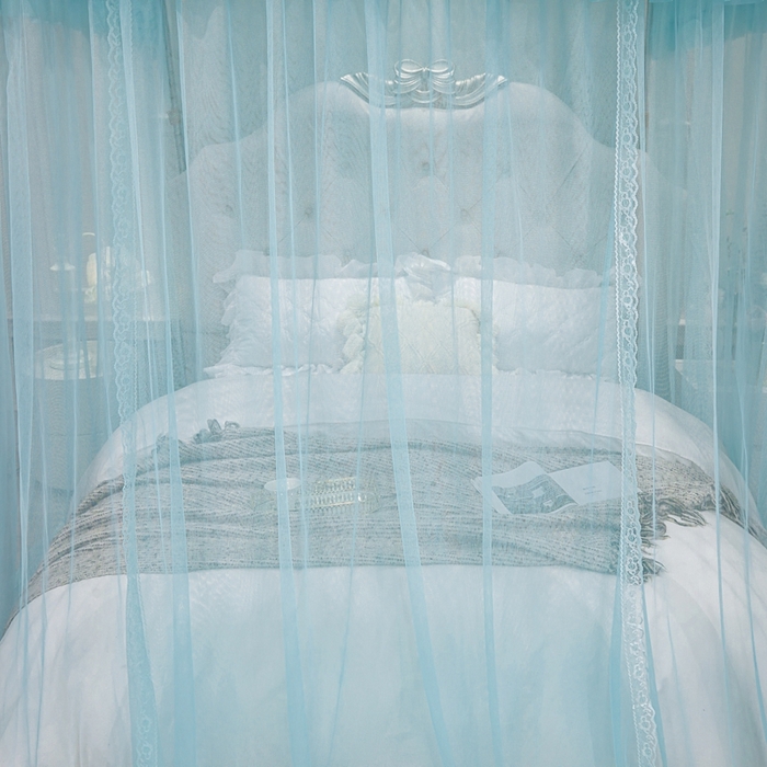 91家纺网 家纺一手货源 找家纺 梦尔佳蚊帐 2026新款浪漫双层花边蝴蝶结导轨蚊帐-花香其乐 花香其乐-水蓝