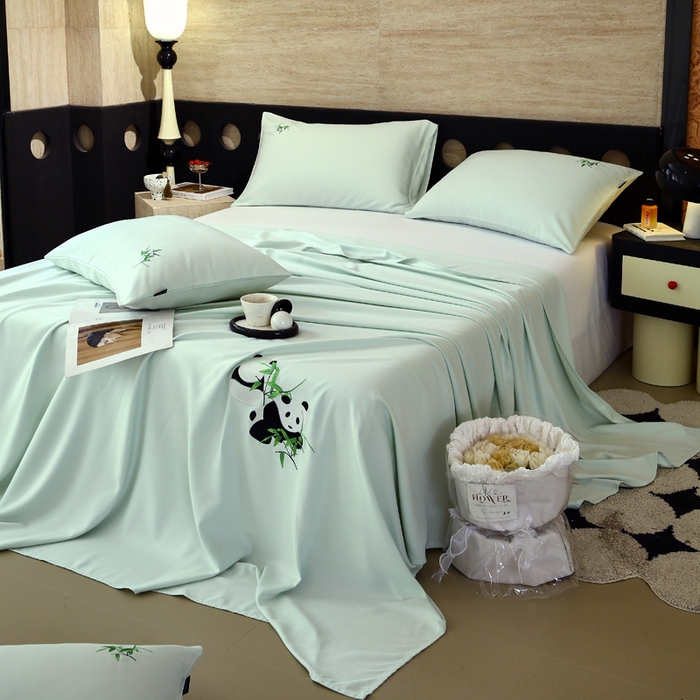 91家纺网 家纺一手货源 找家纺 春皖家纺 2026新款A类竹纤维绣花床单凉席系列-风格1 淡雅绿