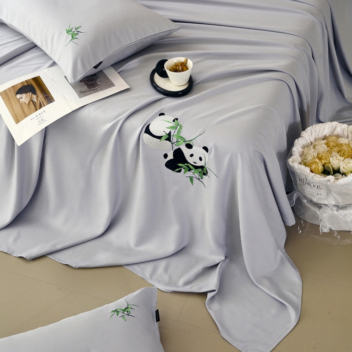 91家纺网 家纺一手货源 找家纺 春皖家纺 2026新款A类竹纤维绣花床单凉席系列-风格1 雅岩灰