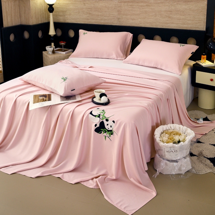 91家纺网 家纺一手货源 找家纺 春皖家纺 2026新款A类竹纤维绣花床单凉席系列-风格1 浅藕粉