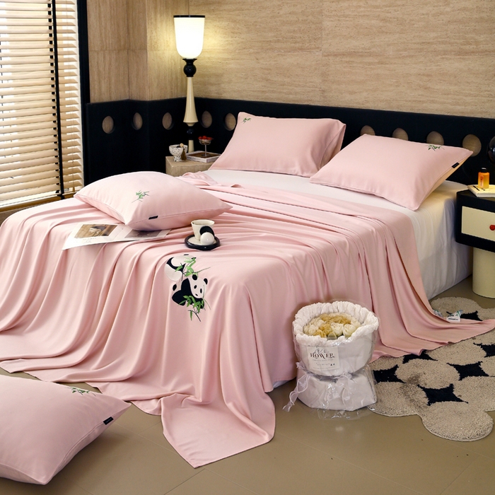 91家纺网 家纺一手货源 找家纺 春皖家纺 2026新款A类竹纤维绣花床单凉席系列-风格1 浅藕粉