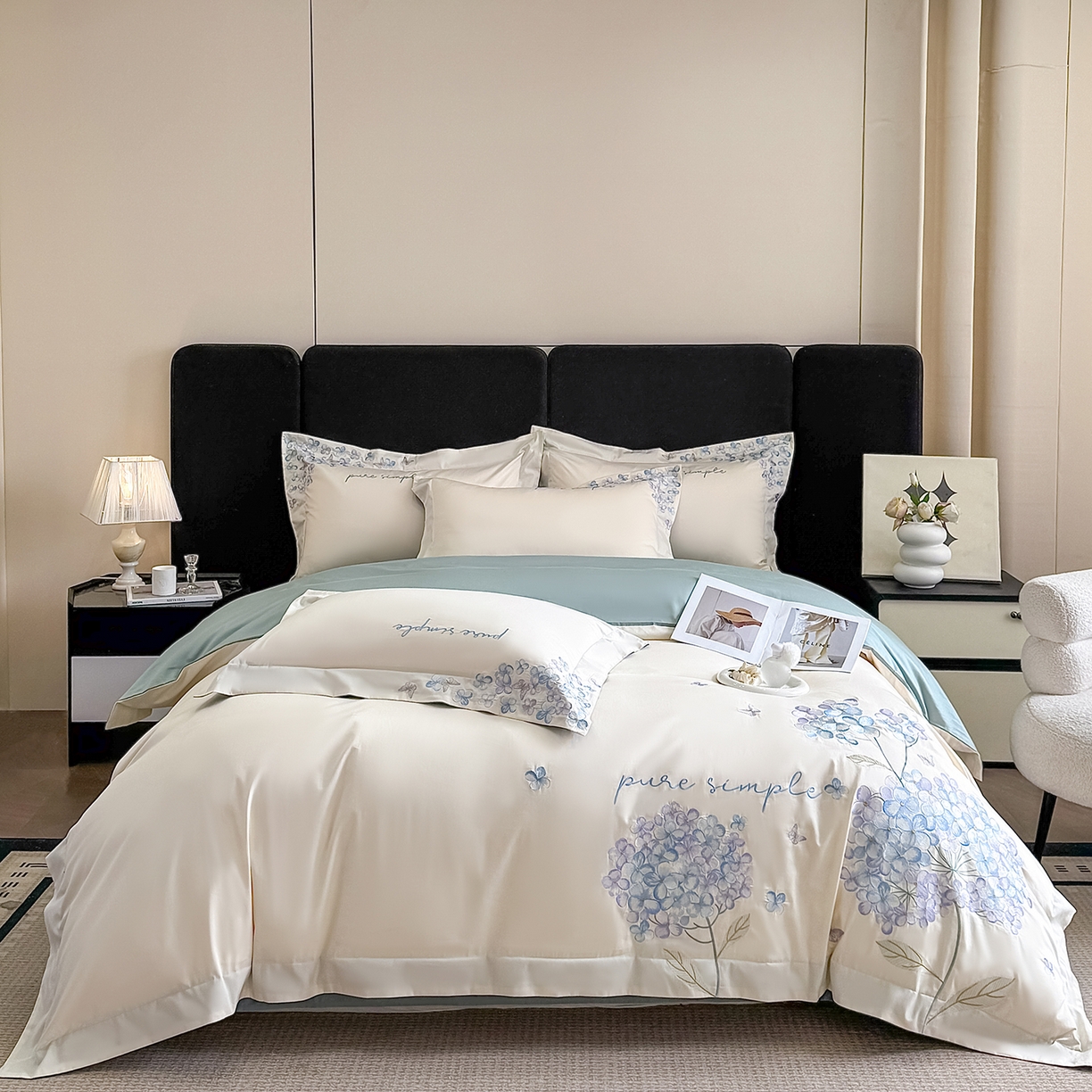 91家纺网 家纺一手货源 找家纺 置顶家纺 2026新款亲肤刺绣四件套-薇朵 薇朵-白+蓝