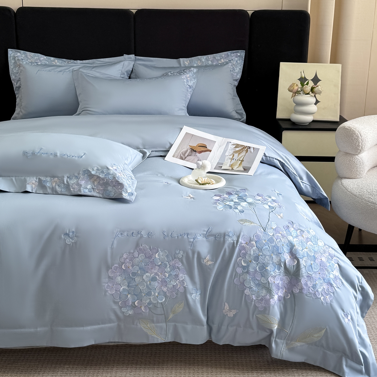 91家纺网 家纺一手货源 找家纺 置顶家纺 2026新款亲肤刺绣四件套-薇朵 薇朵-天空蓝