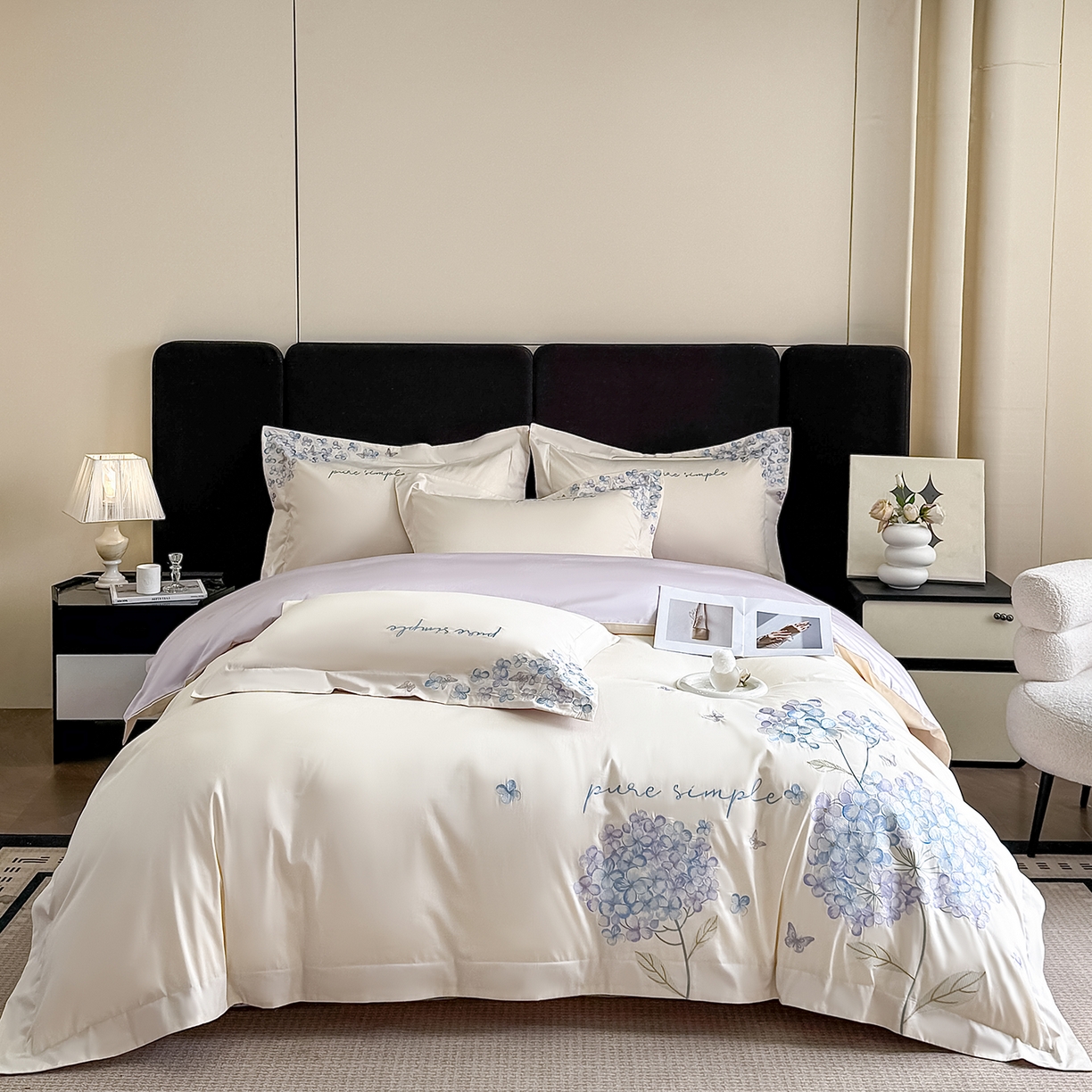 91家纺网 家纺一手货源 找家纺 置顶家纺 2026新款亲肤刺绣四件套-薇朵 薇朵-白+香芋紫