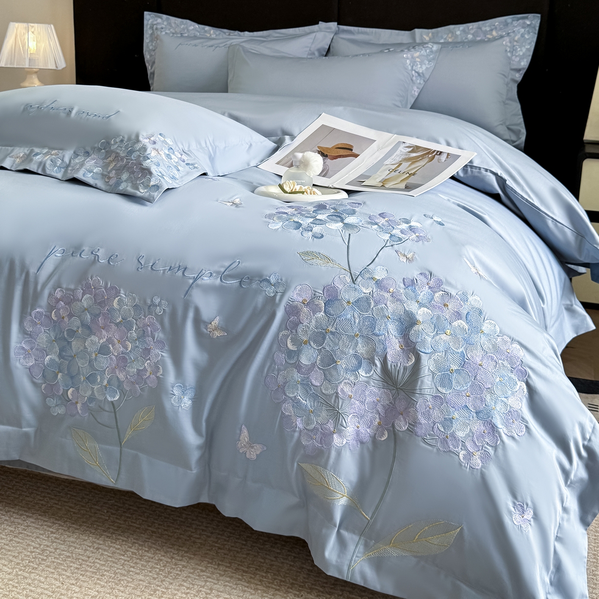 91家纺网 家纺一手货源 找家纺 置顶家纺 2026新款亲肤刺绣四件套-薇朵 薇朵-天空蓝