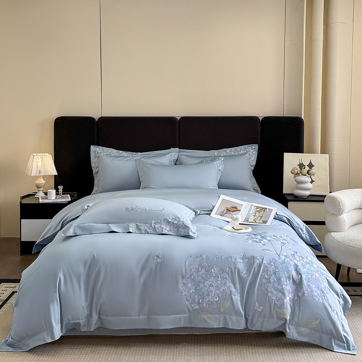 91家纺网 家纺一手货源 找家纺 置顶家纺 2026新款亲肤刺绣四件套-薇朵 薇朵-天空蓝