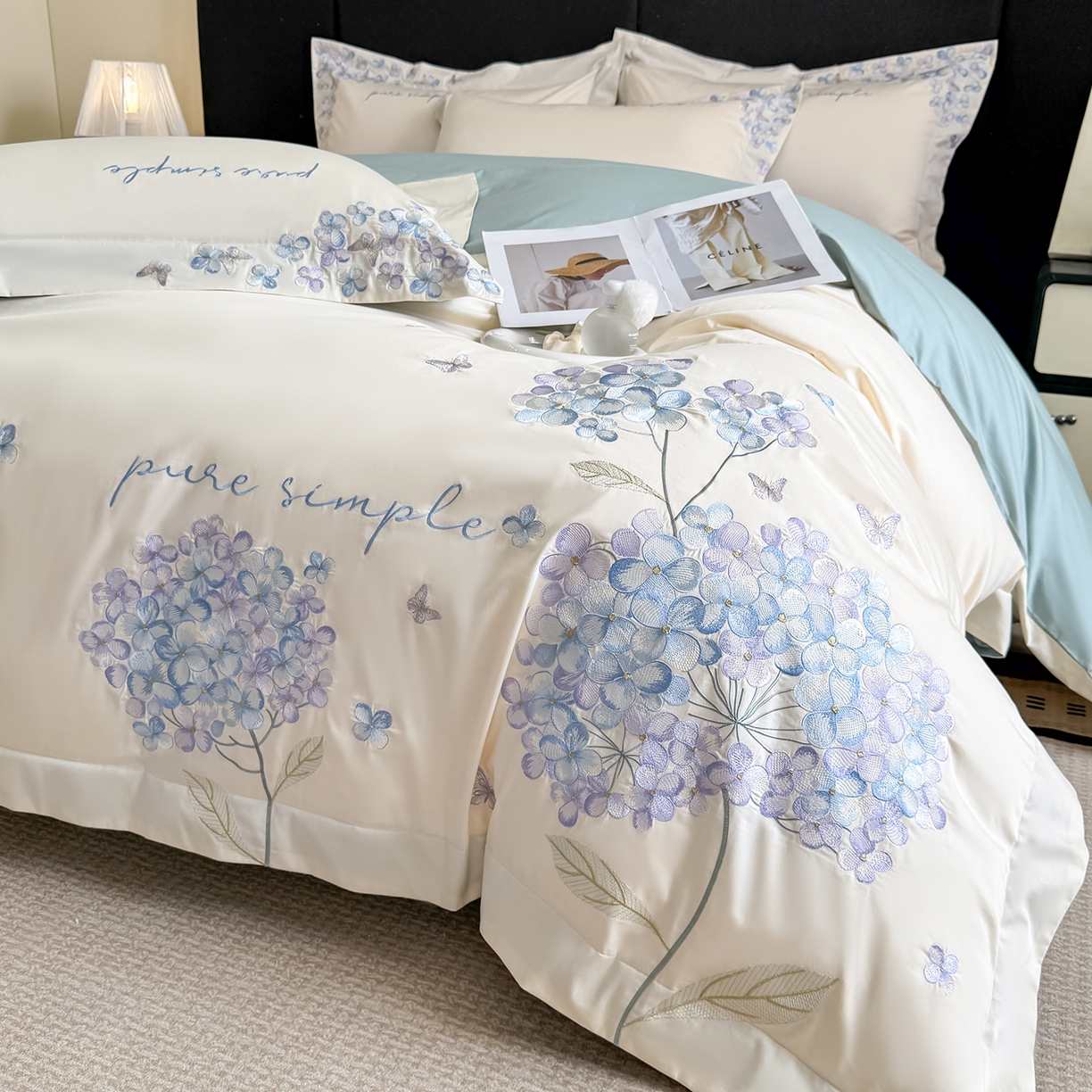 91家纺网 家纺一手货源 找家纺 置顶家纺 2026新款亲肤刺绣四件套-薇朵 薇朵-白+蓝