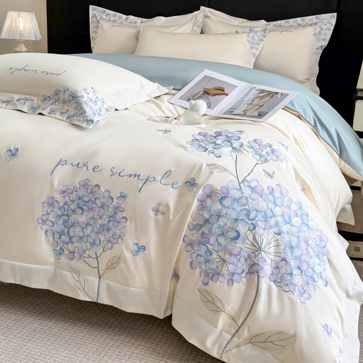 91家纺网 家纺一手货源 找家纺 置顶家纺 2026新款亲肤刺绣四件套-薇朵 薇朵-白+蓝