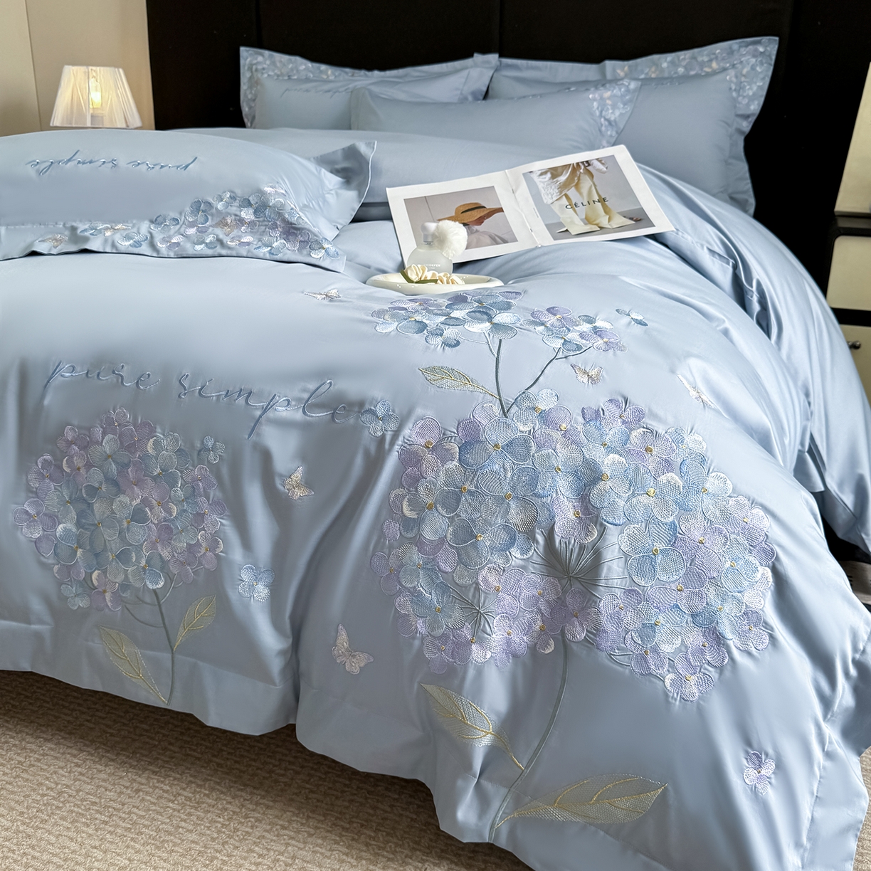 91家纺网 家纺一手货源 找家纺 置顶家纺 2026新款亲肤刺绣四件套-薇朵 薇朵-天空蓝