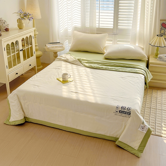 91家纺网 家纺一手货源 找家纺 易展家居 2026新款水洗棉新疆棉花夏被-棉花棉花+熊猫款 棉花·白拼绿