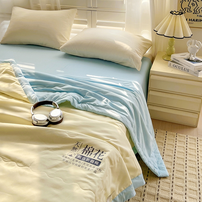 91家纺网 家纺一手货源 找家纺 易展家居 2026新款水洗棉新疆棉花夏被-棉花棉花+熊猫款 棉花·黄拼蓝