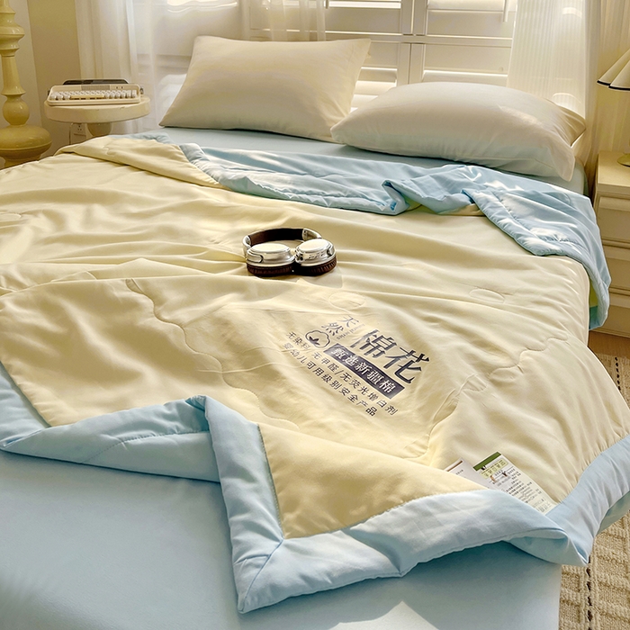 91家纺网 家纺一手货源 找家纺 易展家居 2026新款水洗棉新疆棉花夏被-棉花棉花+熊猫款 棉花·黄拼蓝