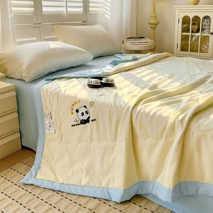 91家纺网 家纺一手货源 找家纺 易展家居 2026新款水洗棉新疆棉花夏被-棉花棉花+熊猫款 能猫-黄拼蓝