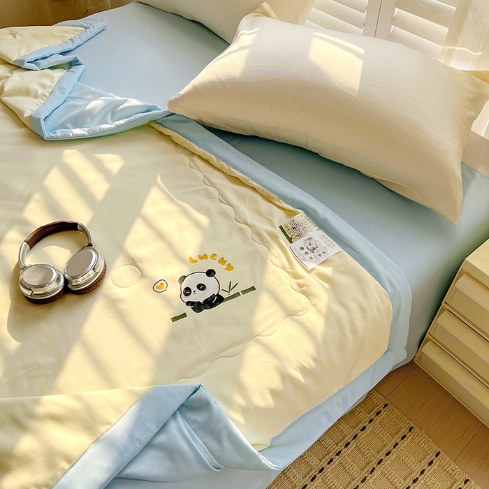 91家纺网 家纺一手货源 找家纺 易展家居 2026新款水洗棉新疆棉花夏被-棉花棉花+熊猫款 能猫-黄拼蓝