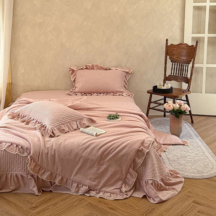 91家纺网 家纺一手货源 找家纺 孑寐家纺 2026新款色织棉麻多功能夏被夏凉被空调被床盖四件套 色织棉麻-粉玉色