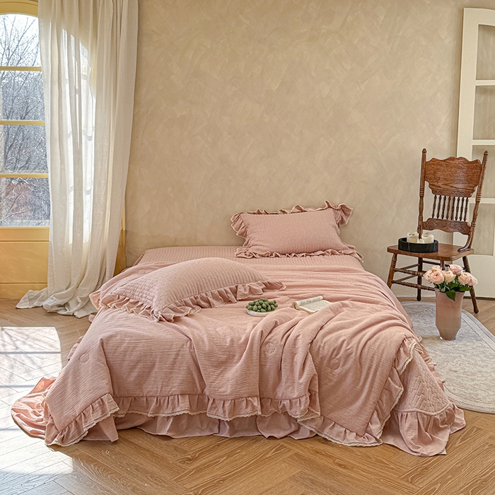 91家纺网 家纺一手货源 找家纺 孑寐家纺 2026新款色织棉麻多功能夏被夏凉被空调被床盖四件套 色织棉麻-粉玉色