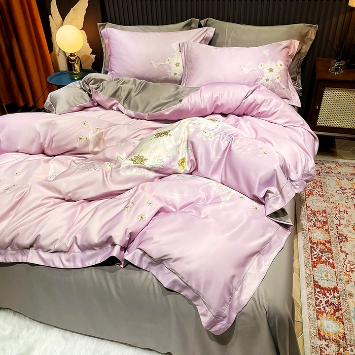 91家纺网 家纺一手货源 找家纺 梵克保罗 2026新款水洗仿天丝数码凉感丝四件套 艾尼梦-粉紫