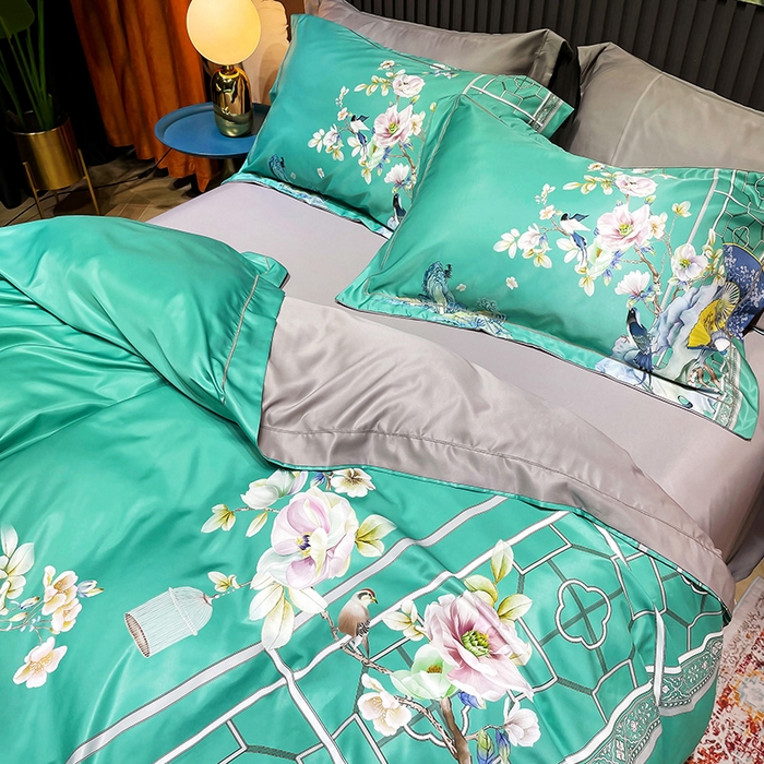 91家纺网 家纺一手货源 找家纺 梵克保罗 2026新款水洗仿天丝数码凉感丝四件套 奥洛琳-绿