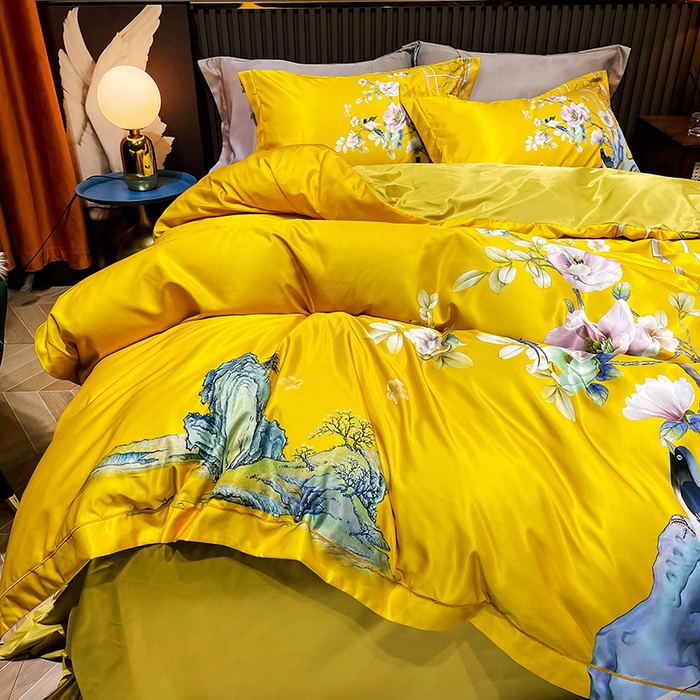 91家纺网 家纺一手货源 找家纺 梵克保罗 2026新款水洗仿天丝数码凉感丝四件套 奥洛琳-金